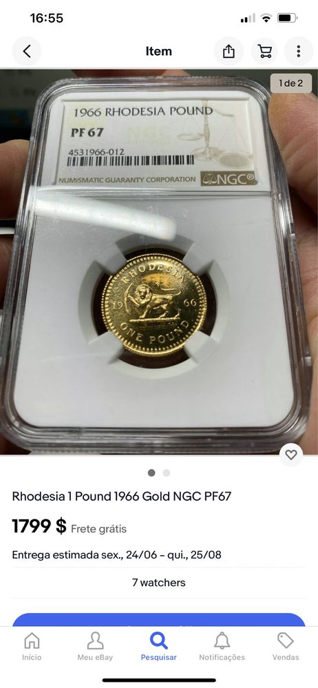 Rhodesia 10 shillings moeda de ouro proof 1966