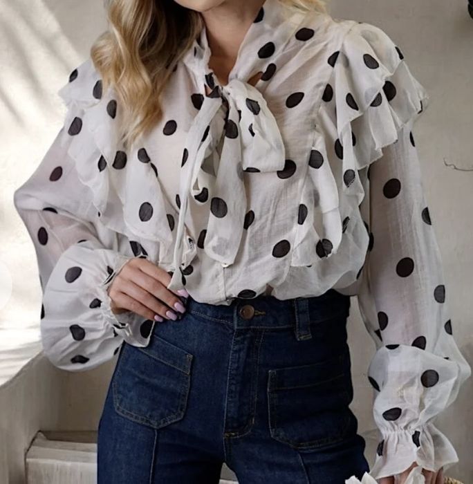 Koszula damska żabot grochy beż nowa z metką święta uniwersalna S- L