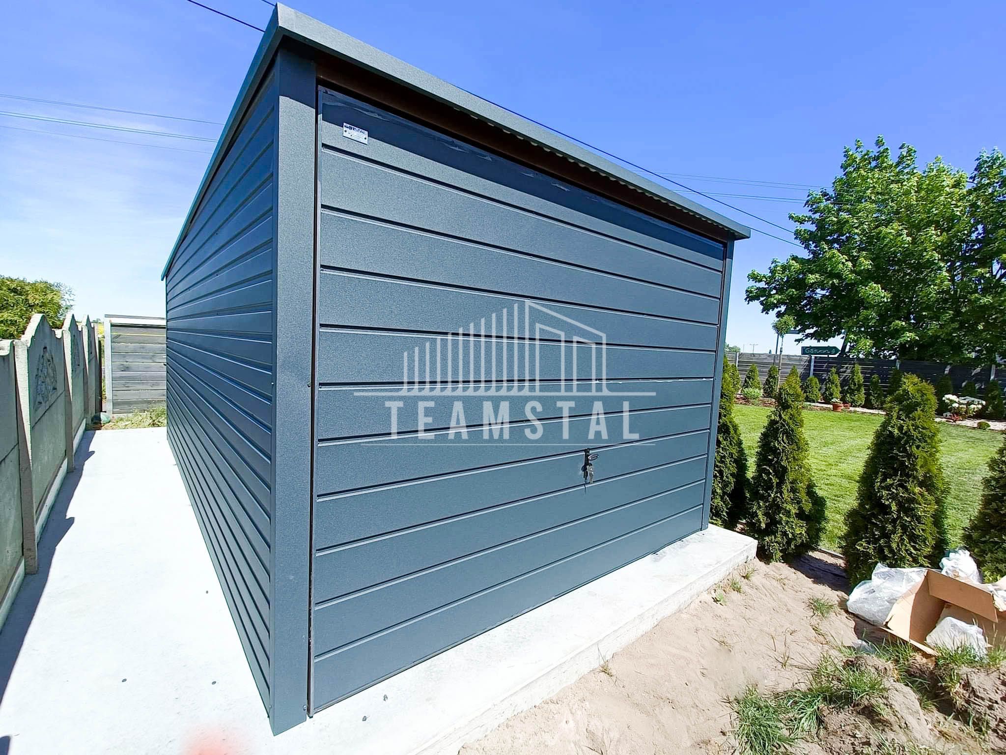 GARAŻ BLASZANY 3m x 6m - Brama - antracyt grafit  drzwi TS230 3x6
