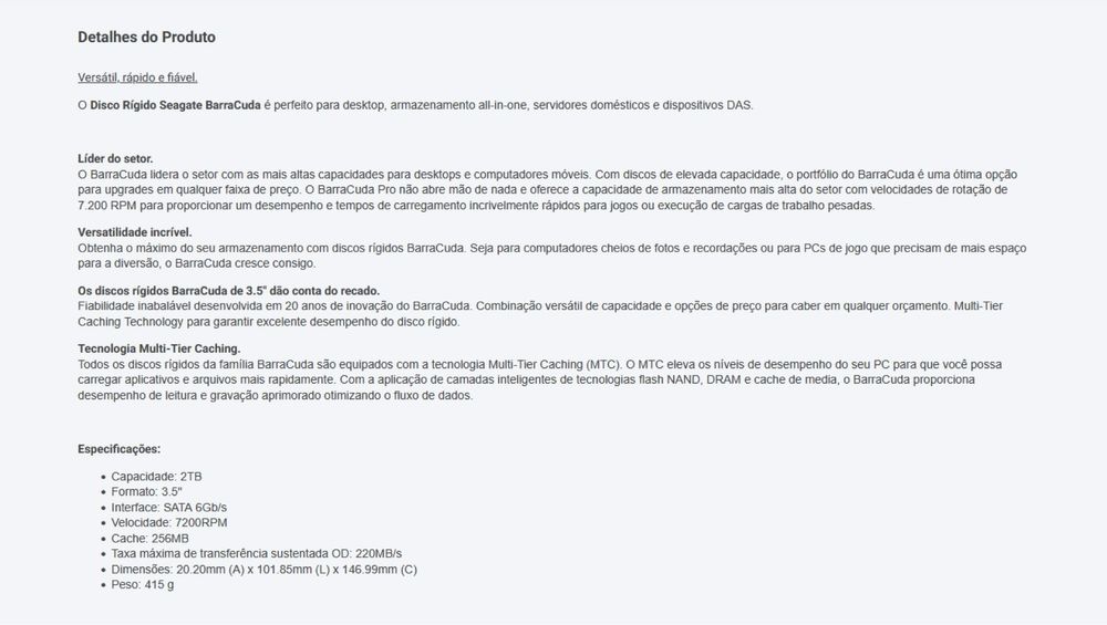 Disco Rigido 3,5” Seagate Barracuda 2T 7200 rpm 256MB SATA III