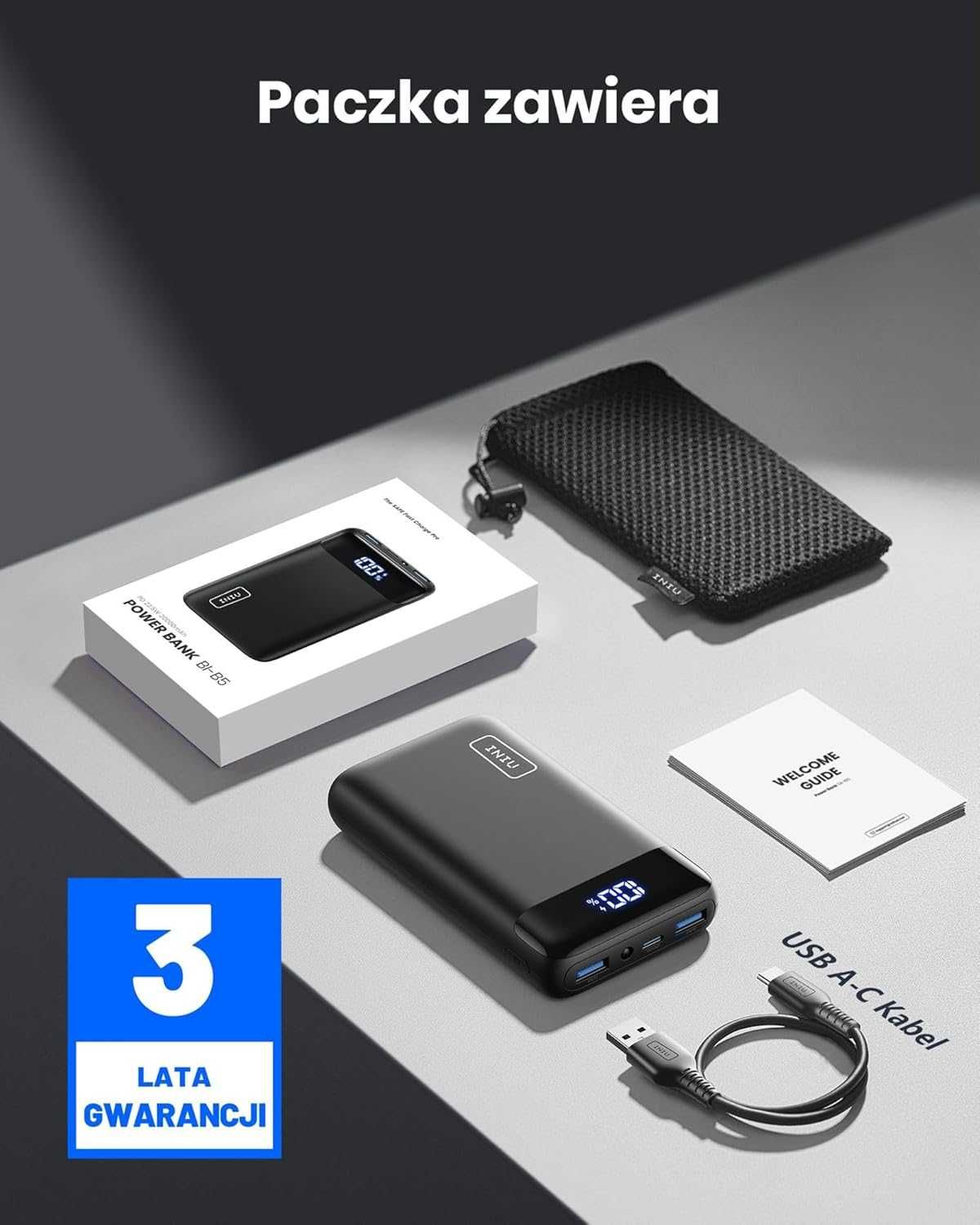 Iniu BI-B5 Powerbank 2xUSB 20000mAh latarka 22,5W PD3.0 QC4.0