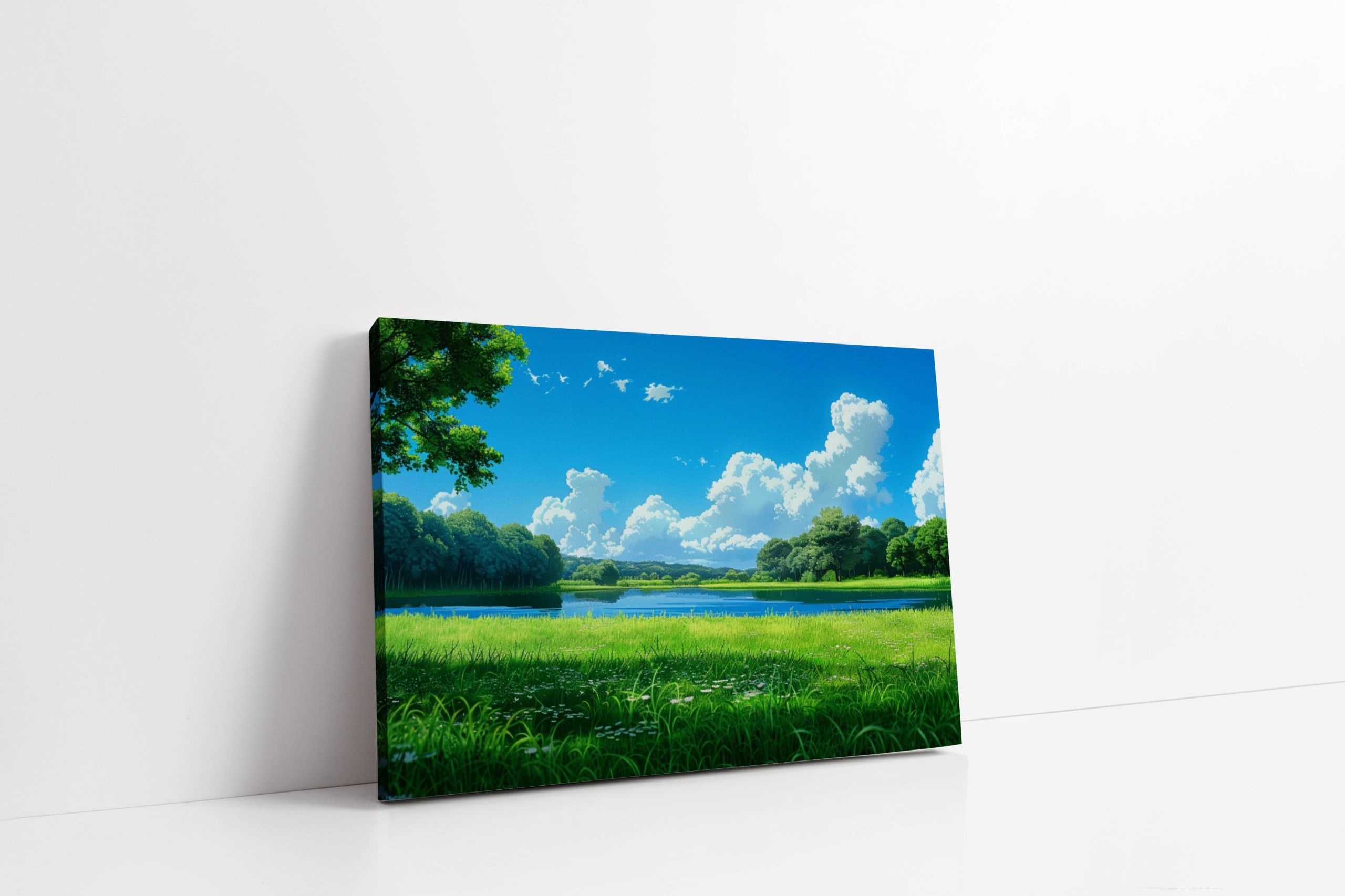 Obraz na płótnie Łąka nad jeziorem 100x70 cm - malowniczy krajobraz