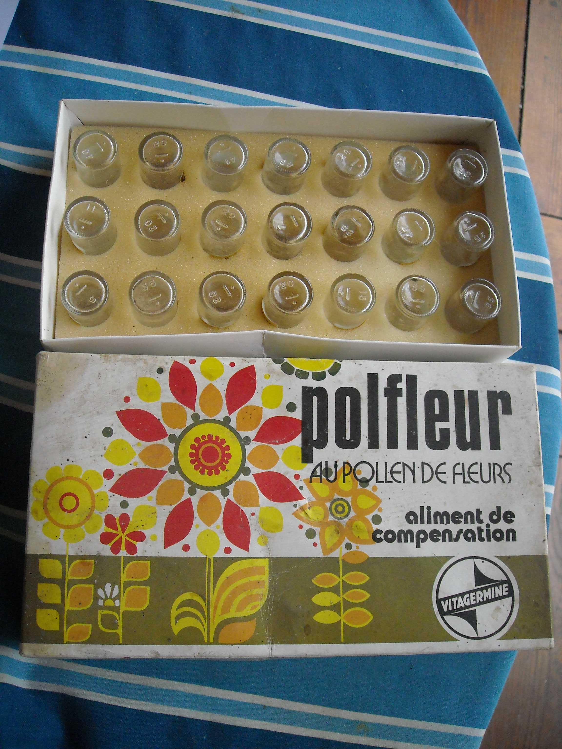 Caixa antiga vintage suplemento polen Polfleur com frascos