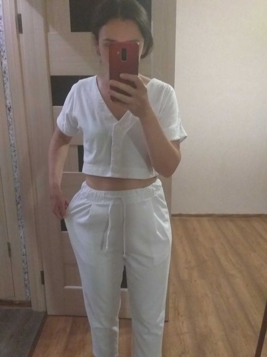 костюм льон штани жакет  білий 46-48