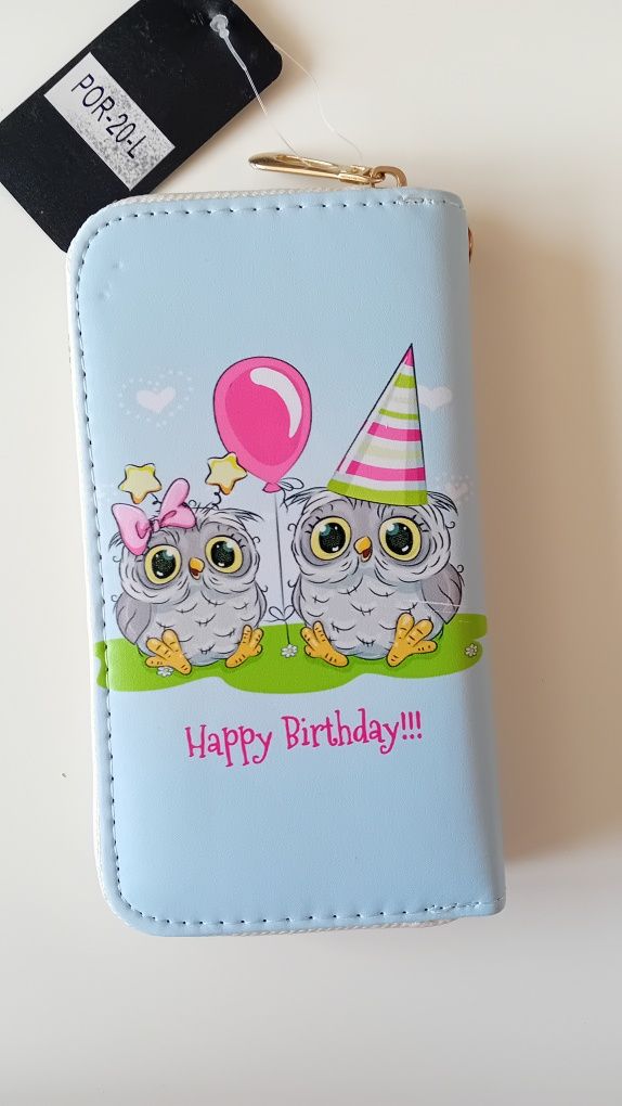 Nowy! Piękny portfel niebieski z sowami "Happy Birthday"