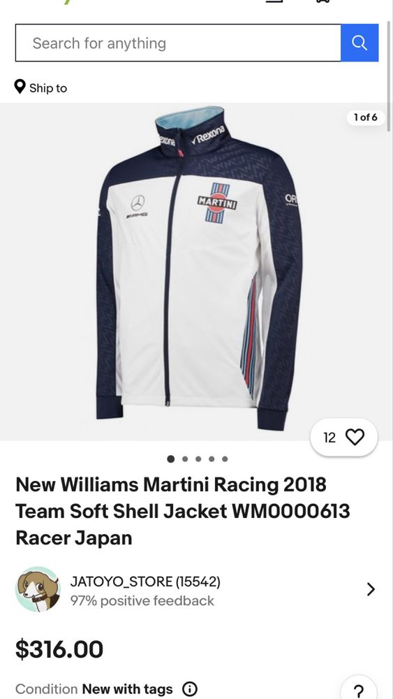 Williams Martini Racing 2018 Team Soft Shell Jacket Size:M-L куртка