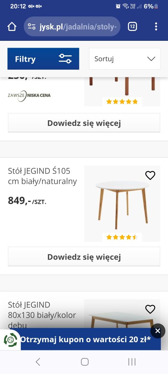 Stół Jysk biały śr.105 cm