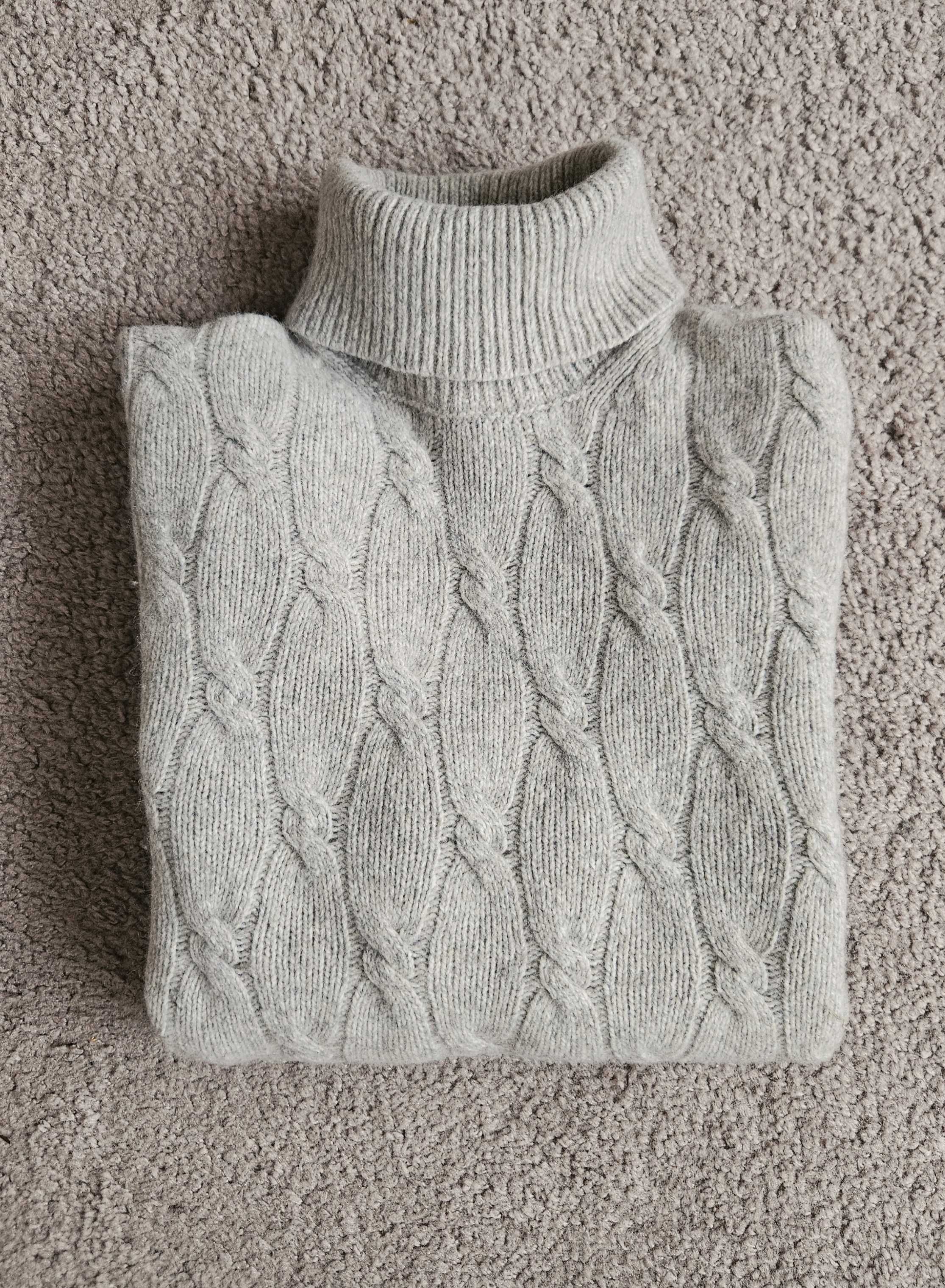 Gruby golf szarobeżowy Massimo Dutti M, wełna+wełna z jaka, małe wady