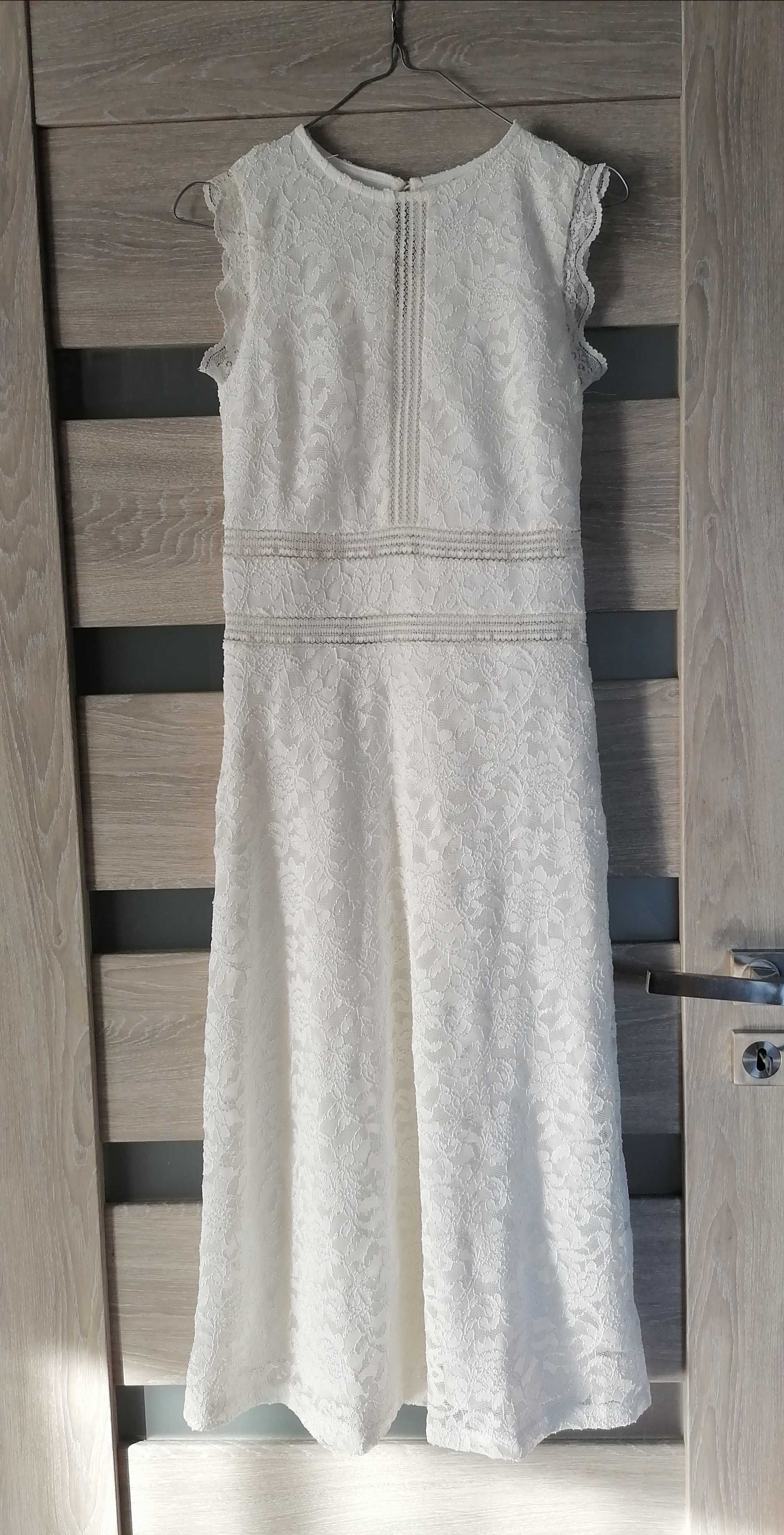 Nowa prosta elegancka sukienka koronkowa ecru 34 midi