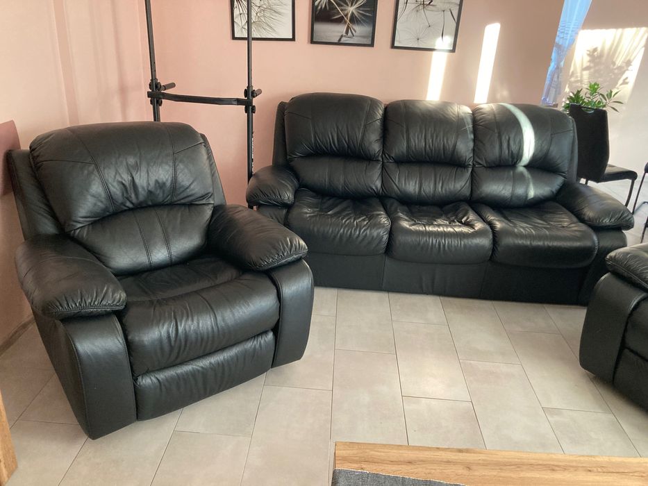 Komplet wypoczynkowy skóra sofa-3 , dwa fotele z funkcją rozkładania