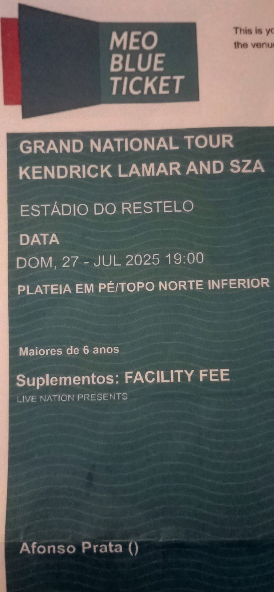 Bilhete para Kendrick Lamar e sza no relvado do estádio do Restelo