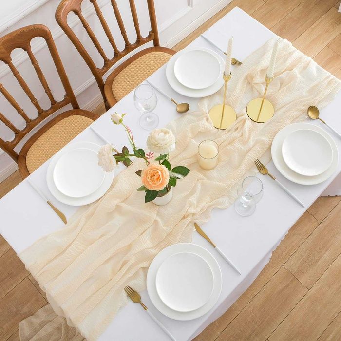 AOKSUNOVNA Bieżnik Tkanina Muślinowa Beżowy Kremowy 3m Ślub 300x80 cm
