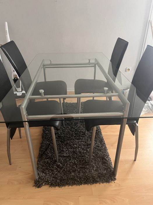 Szklany stół , 4 krzesła , komplet ,jadalnia , metalowy ,zestaw