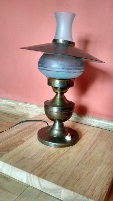 Stara mosiężna ruchoma lampa biurkowa z kloszem PRL vintage retro