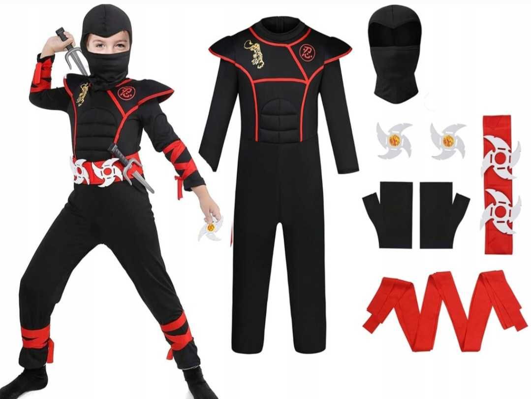 Zestaw XXL! Strój BLACK NINJA r. 134/140  wojownik samuraj przebranie