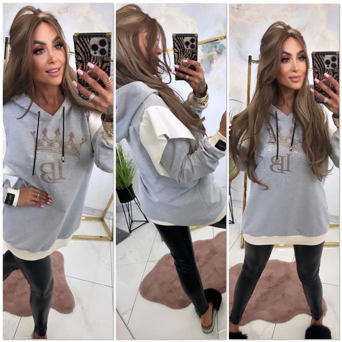 Elegancka bluza tunika z kapturem cyrkonie Lola bianka