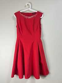 Rozkloszowana czerwona sukienka z perłami świąteczna Orsay 36 perły