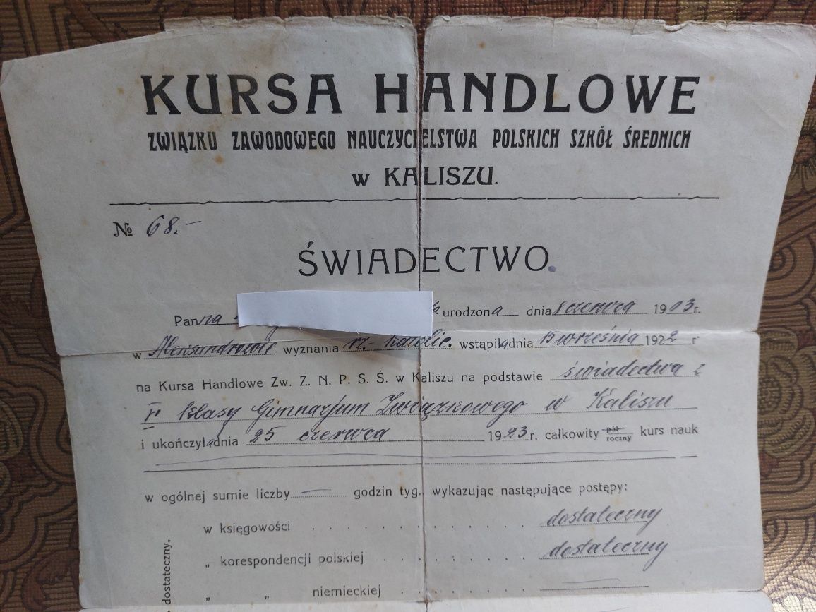 Stary dokument, świadectwo ukończenia kursu handlowego 1923r.