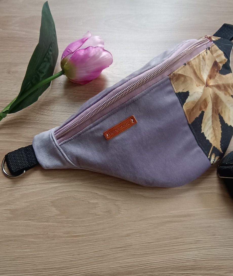 Nerka saszetka liliowa złoty liść handmade