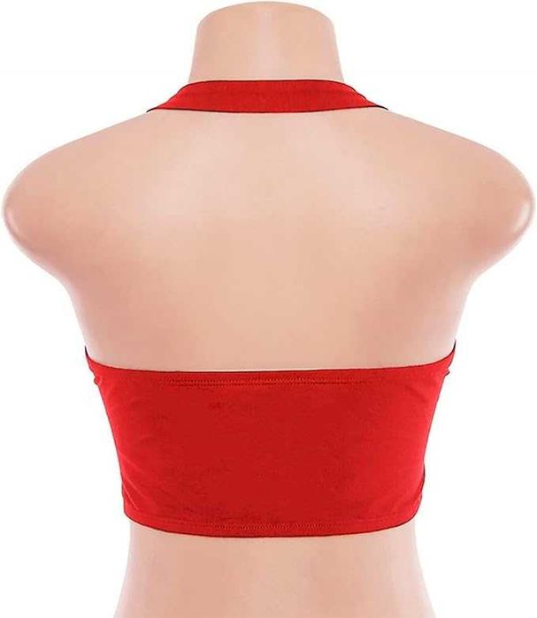 Czerwony crop top na szyję impreza Rave klamra S 36