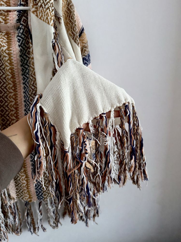 Przepiękny kolorowy sweter kardigan luźny z frędzlami 100% bawełna