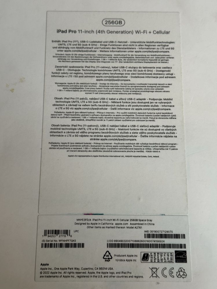 Tablet iPad Pro 11” (4 gen - 2022) 256GB M2 A2761 Cellular 5G OLED