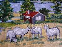 Ręcznie haftowany obraz do oprawienia, bacówka owce
