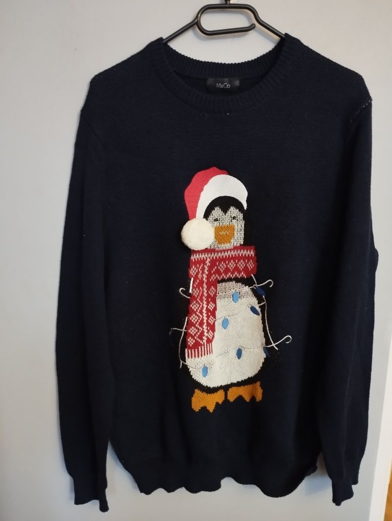 Granatowy sweter świąteczny święta pingwin M