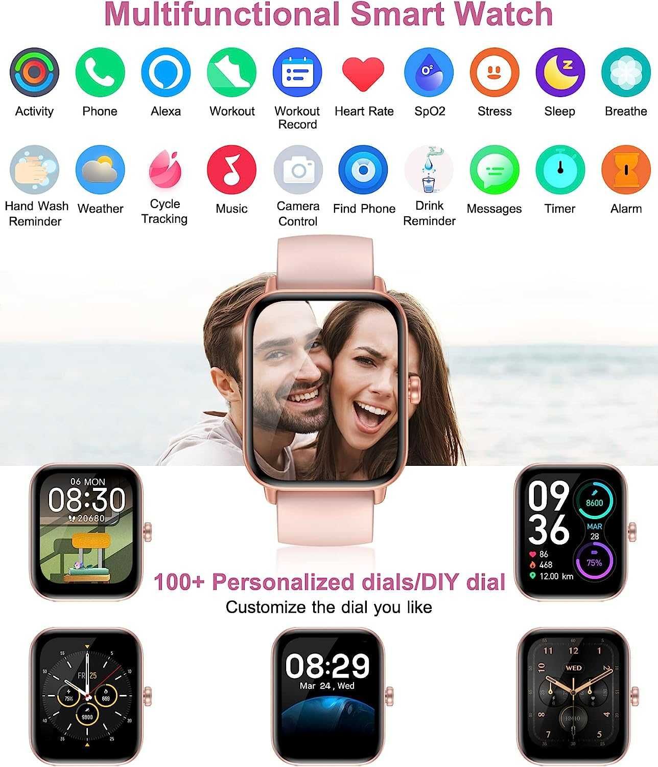 Inteligentny zegarek z funkcją Bluetooth, smartwatch idw19 różowy