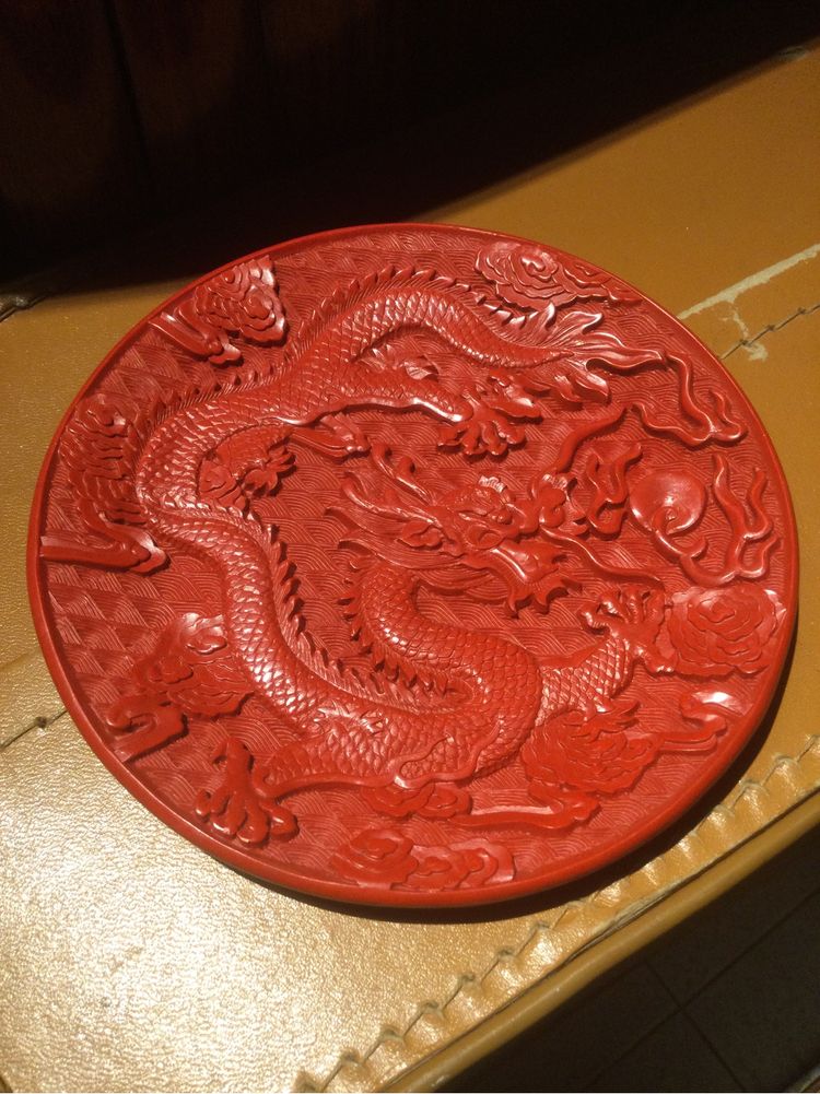 Prato Cinnabar China Séc XIX 15,1 cm Dragão
