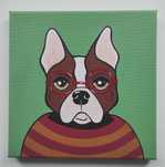Portret buldoga francuskiego w swetrze. Obraz akrylowy 20x20 cm.
