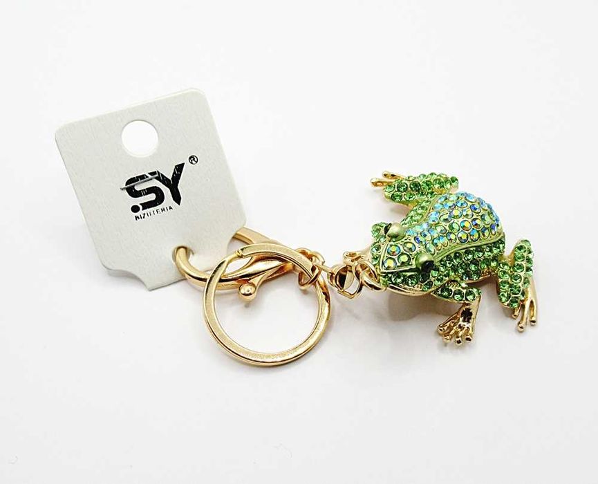 Metalowy brelok do kluczy torebki żabka zielone cyrkonie szczęście hit