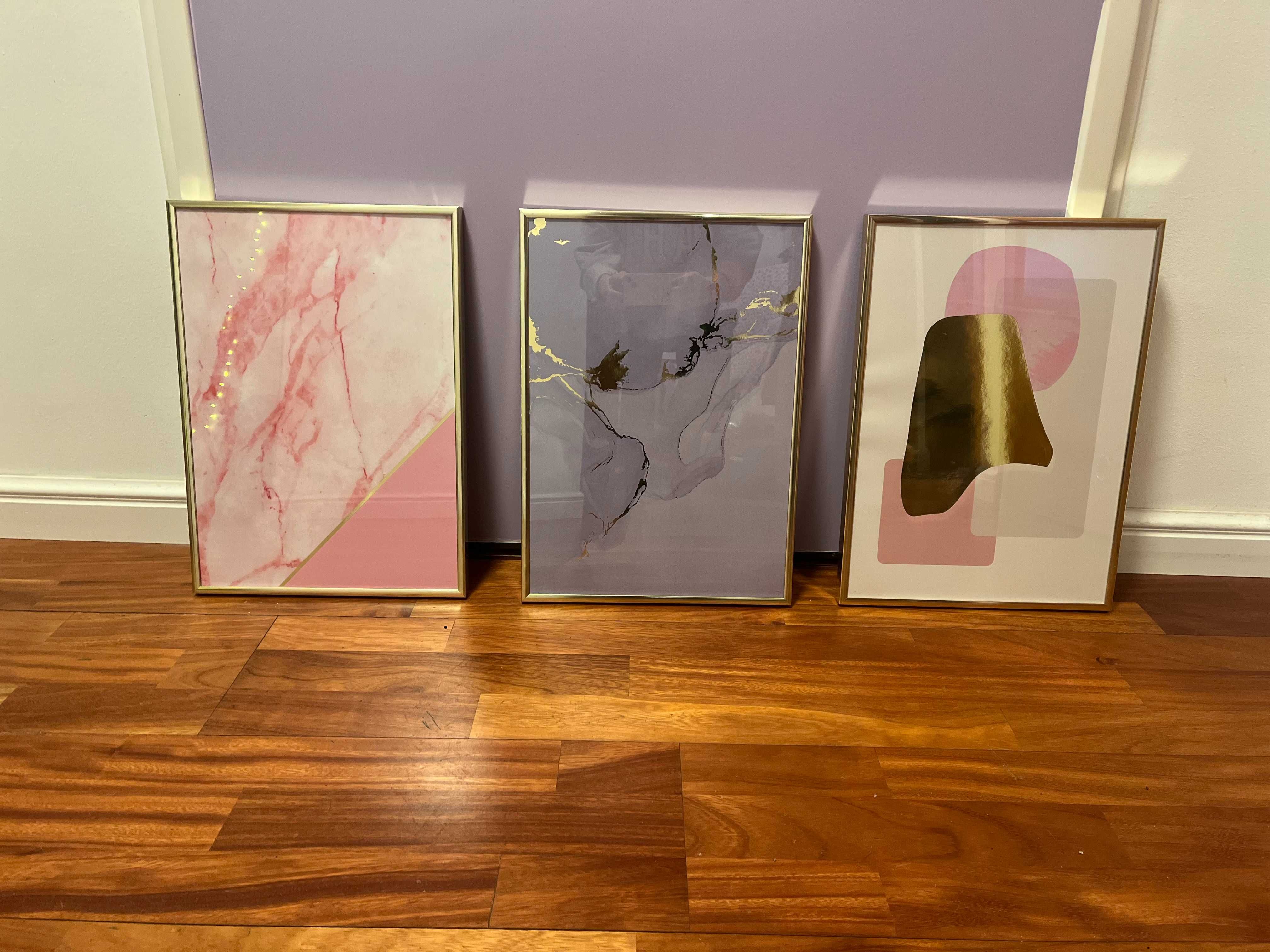3 plakaty róż, złoto, w złotych ramkach A3, glamour, nowoczesny