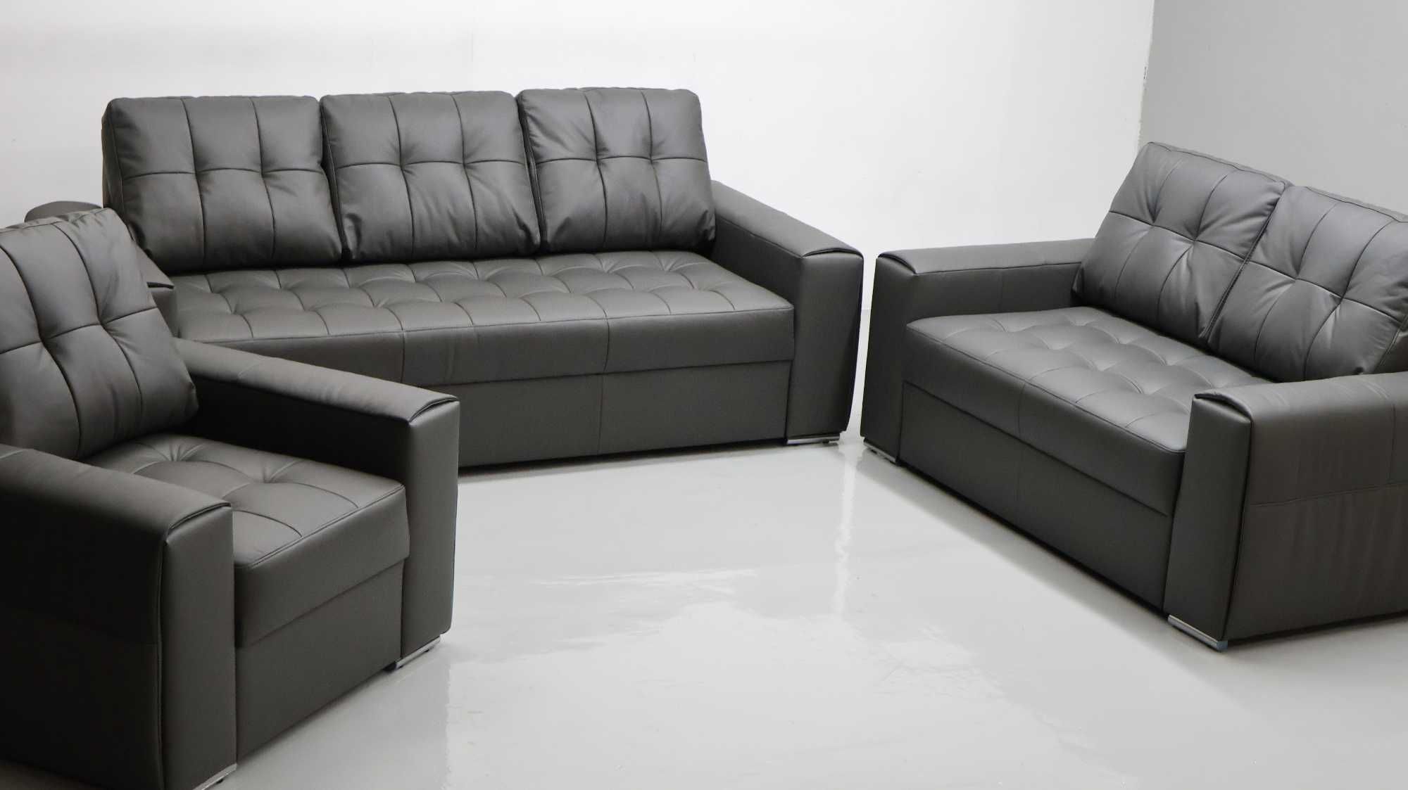KOMPLET 3+2+1 sofy kanapy zestaw popielata SKÓRA naturalna 6492 w