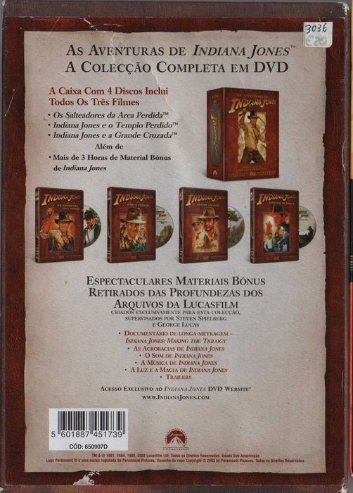 Dvd Caixa com 3 filmes de Indiana Jones + 1 disco de bónus - acção