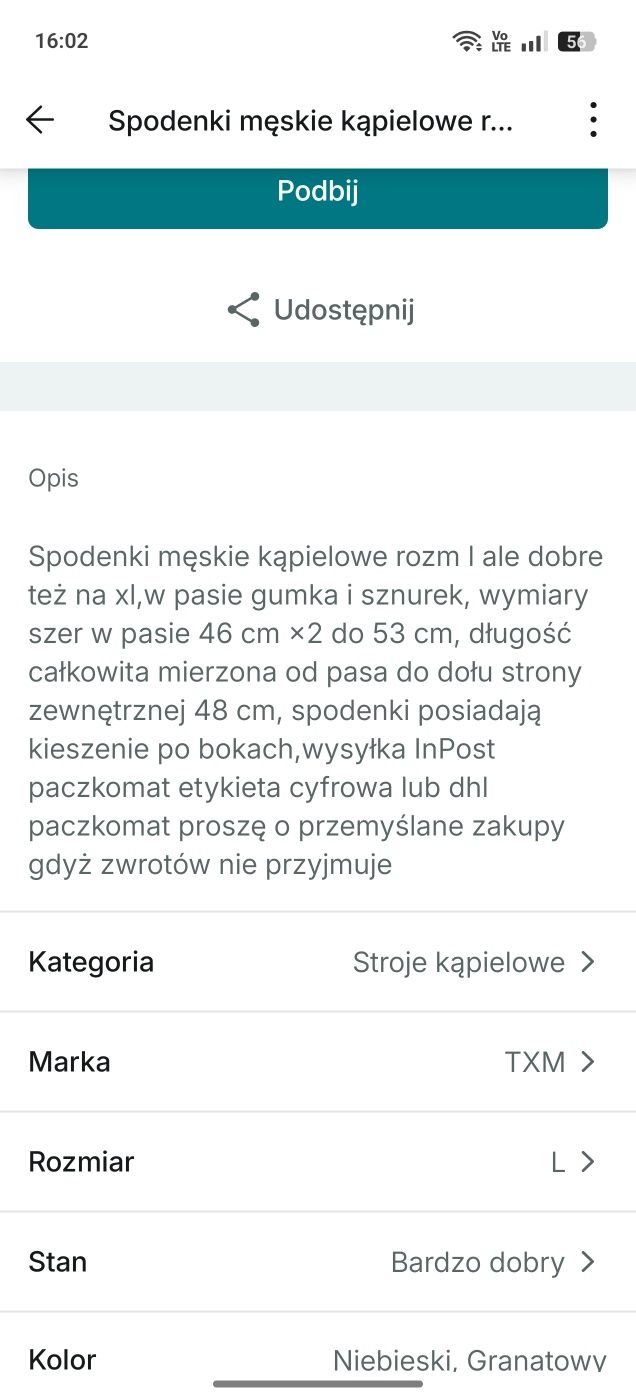 Spodenki męskie kąpielowe rozm l xl wysyłka InPost paczkomat