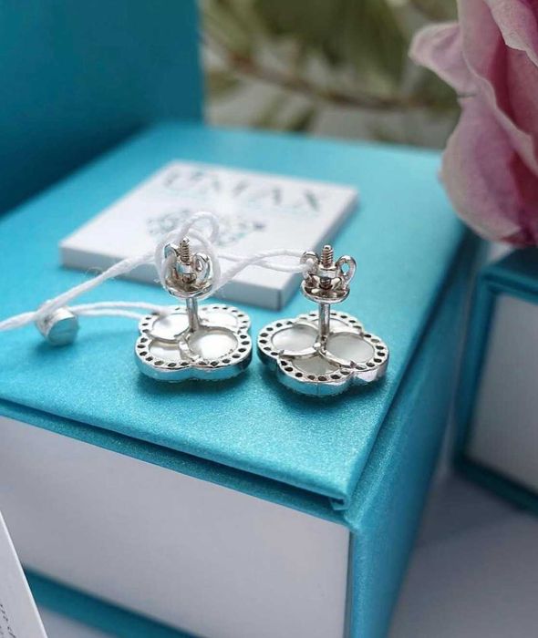 Срібні сережки комплект Van Cleef з перламутром  925 проба Ван Клиф