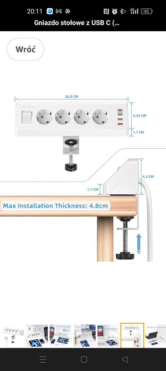 Gniazdo stołowe z USB C (PD 20 W), listwa zasilająca 8 w 1