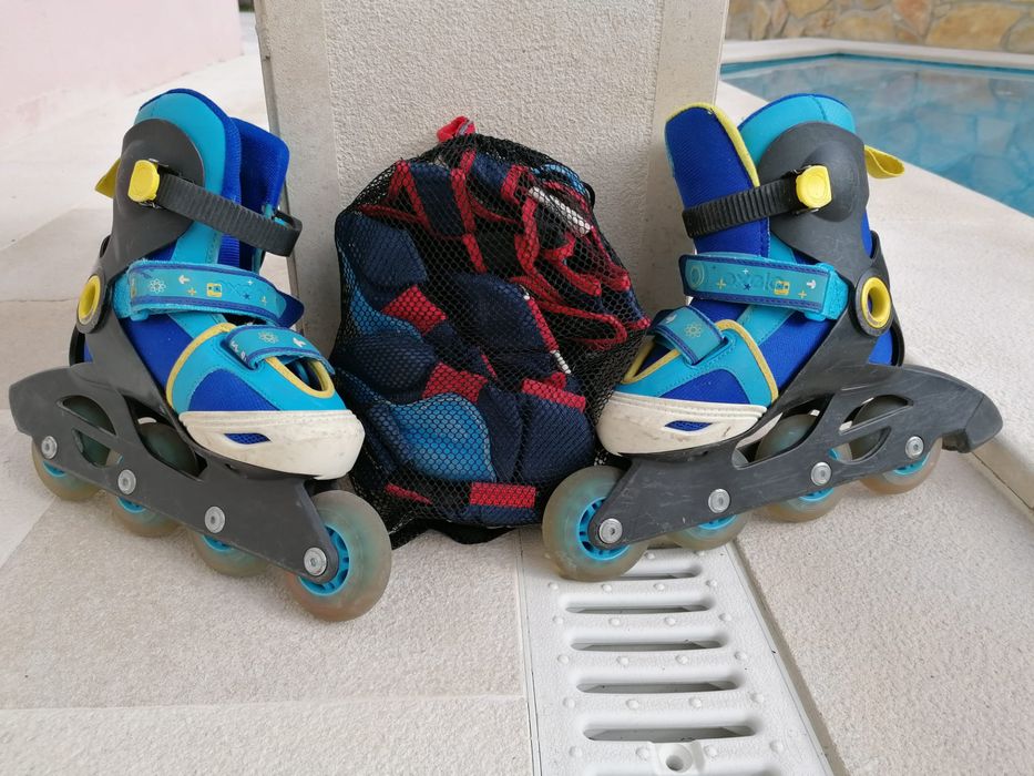 Patins em linha tamanho 30-31 com capacete e proteções incluidas