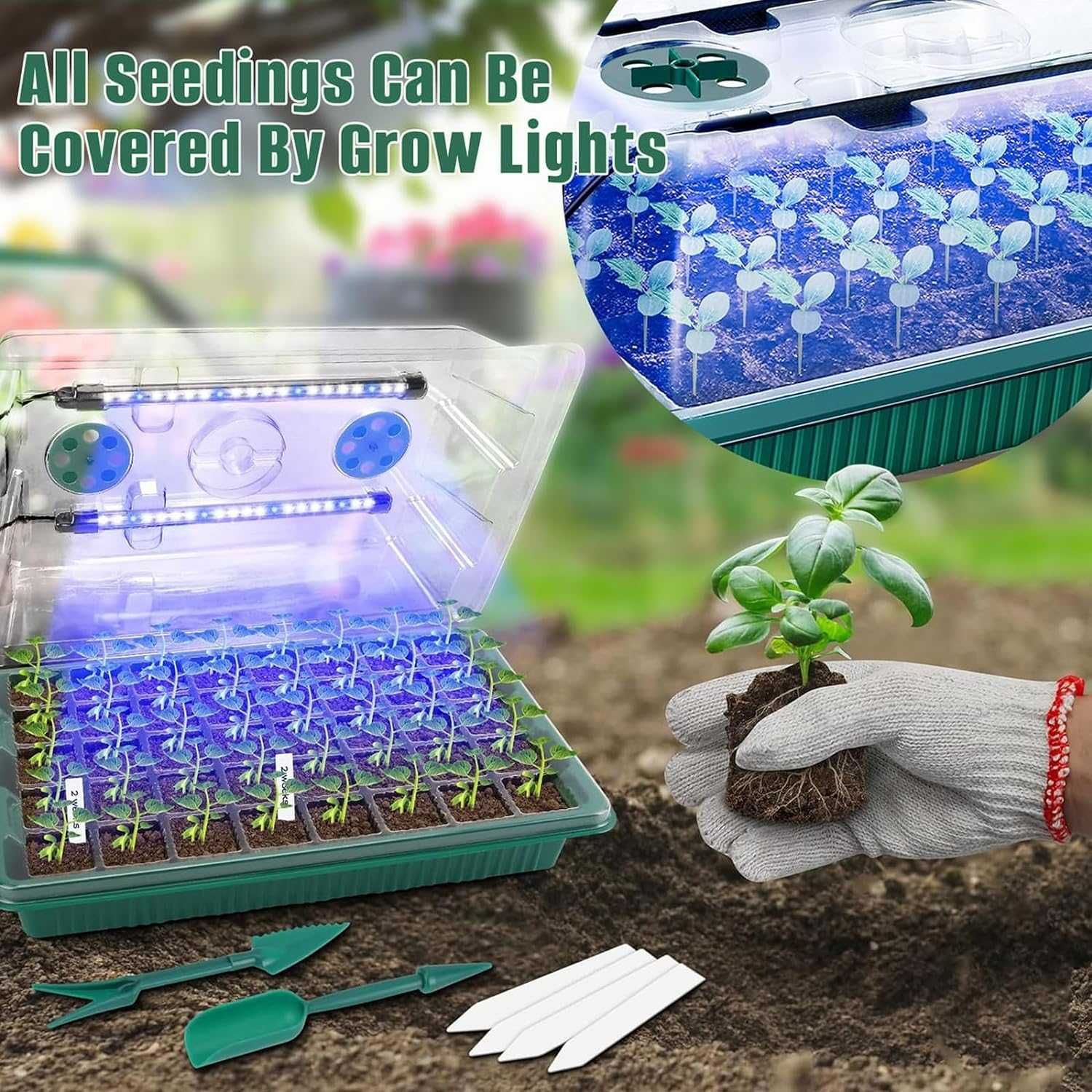 Mini szklarnia do roślin, 2 sztuki taca na sadzonki + oświetlenie LED