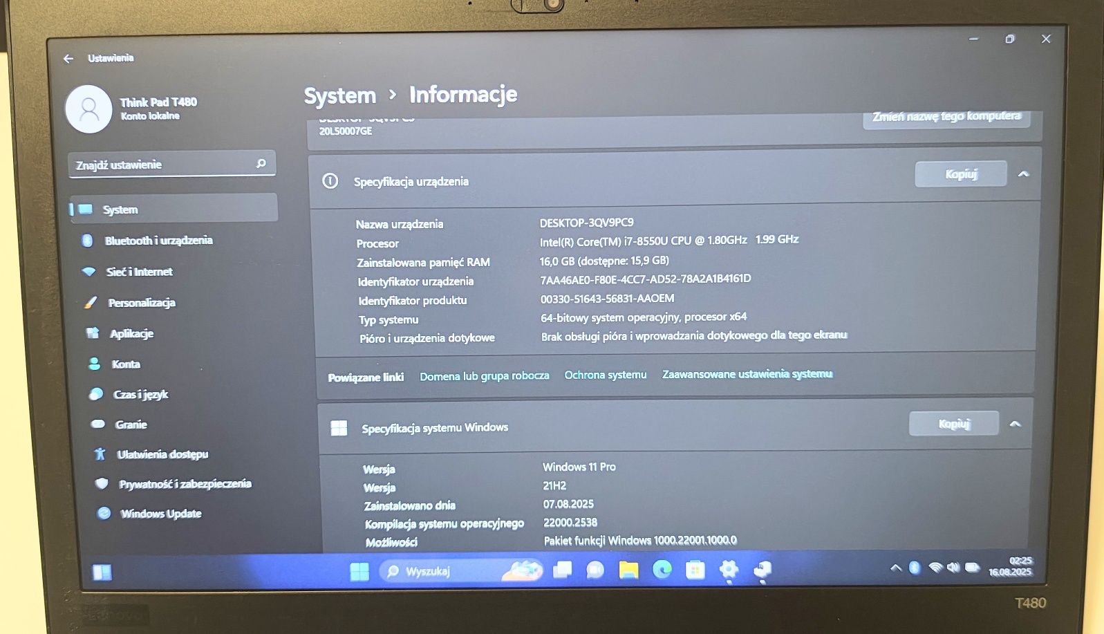 Lenovo ThinkPad T480 BT 5G Wi-Fi SIM LTE 4G/5G Ram 16GB/ M2 256 i7 8ge