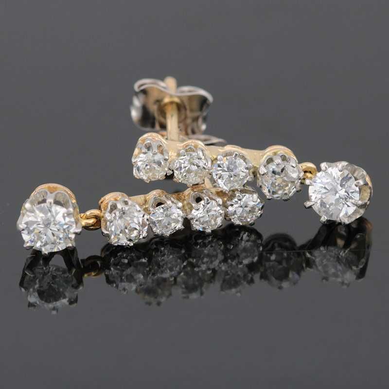 Złote kolczyki z diamentami w  starym szlifie 1.25ct ANTYKWARIAT 14K