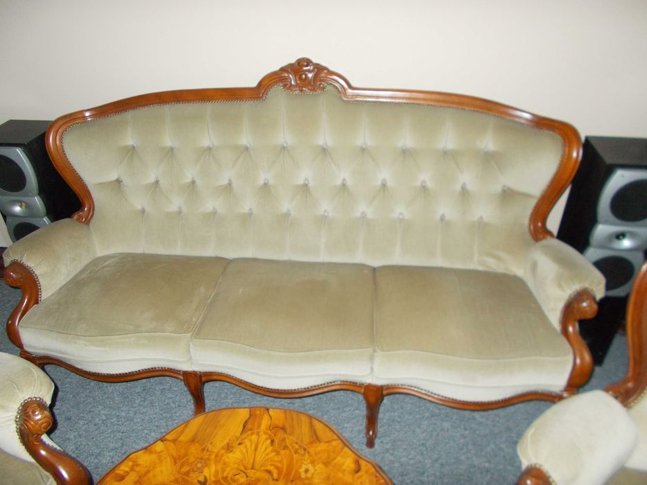 komplet wypoczynkowy ludwik 3 i 2 fotele ława intarsjowana