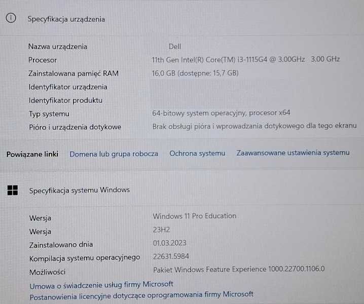 Dell 15 3000 Vostro 2-lata BDB, 16GB RAM, Win11, WSPARCIE