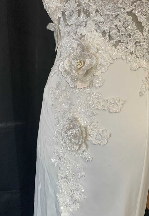 Nowa Elegancka Suknia Ślubna Ivory Koronka Guziki M 38 kwiaty 3D boho