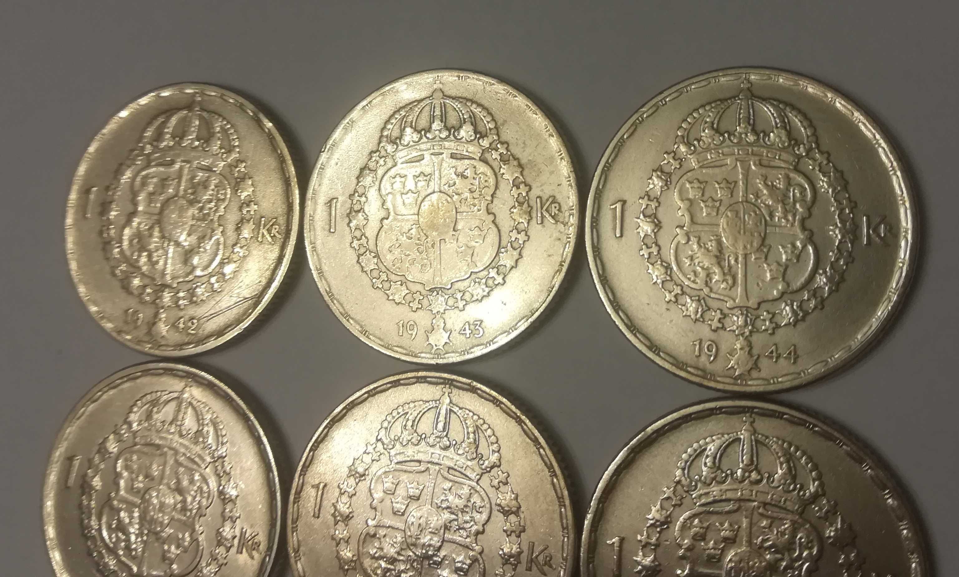 Monety srebrne zestaw 9 szt. 1 korona Szwecja 1942 - 50 srebro piękne.