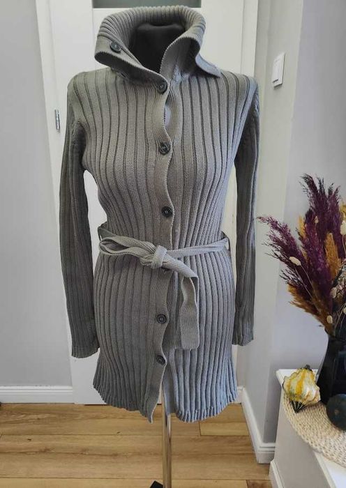 Zielony khaki długi  kardigan wiązany prążek  rozmiar M/L h&m