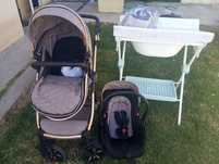 Kit carrinho bebe + trocador com banheira + porta bebe canguru