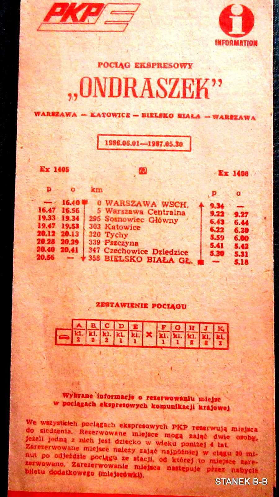 PKP pociąg ekspresowy Ondraszek Bielsko Biała do Warszawy 1986 do 1987
