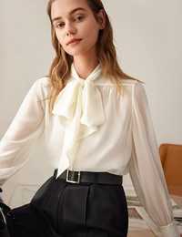 Блуза M&S з бантом біла на довгий рукав шифонова блузка летняя кремова